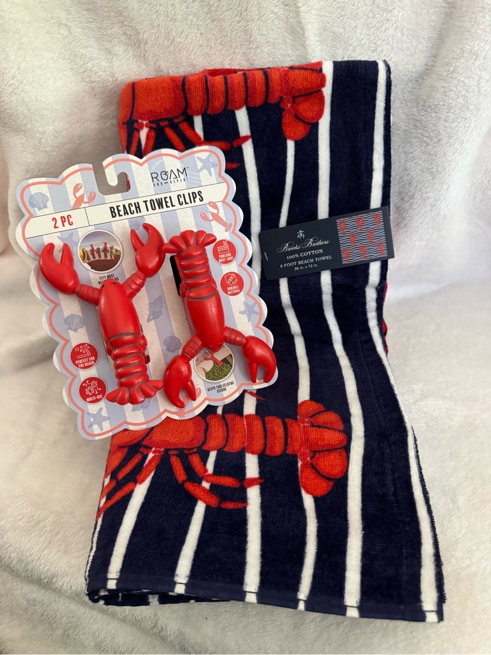 Nautical Lobster Beach Towel with Lobster Clips